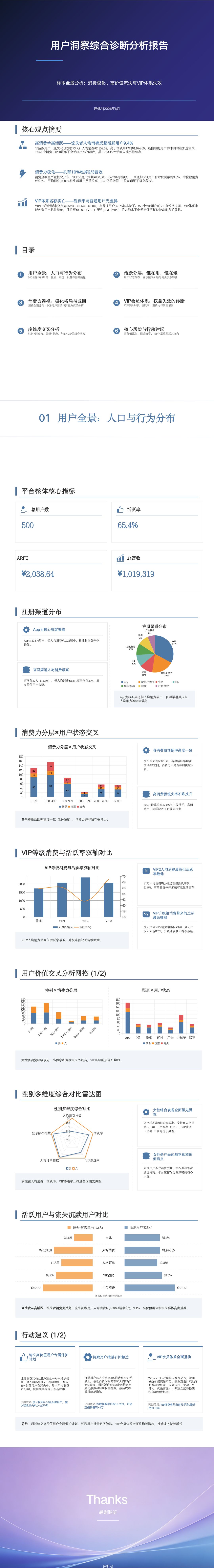 速析AI 生成的《用户洞察综合诊断分析报告》样例：核心结论摘要、平台整体核心指标、注册渠道分布、消费行为分析、VIP 等级消费力对比